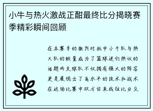 小牛与热火激战正酣最终比分揭晓赛季精彩瞬间回顾