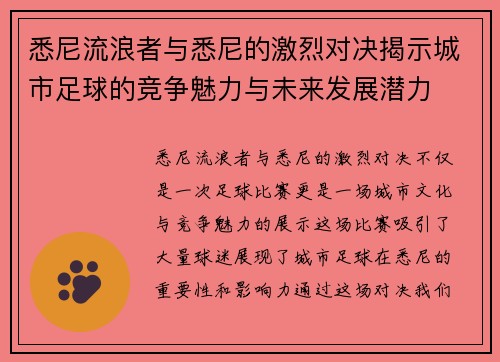 悉尼流浪者与悉尼的激烈对决揭示城市足球的竞争魅力与未来发展潜力